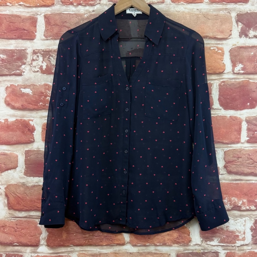 Express Portofino Shirt Women's Small Blue Pink Hearts Button Front Sheer Top - Picture 6 of 8